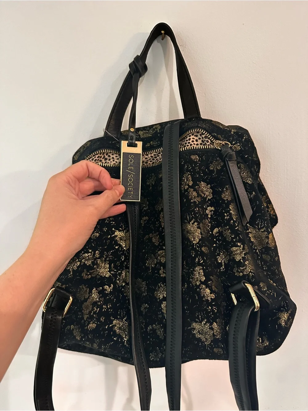 Sole Society Black Velvet Backpack with Gold Floral Accents